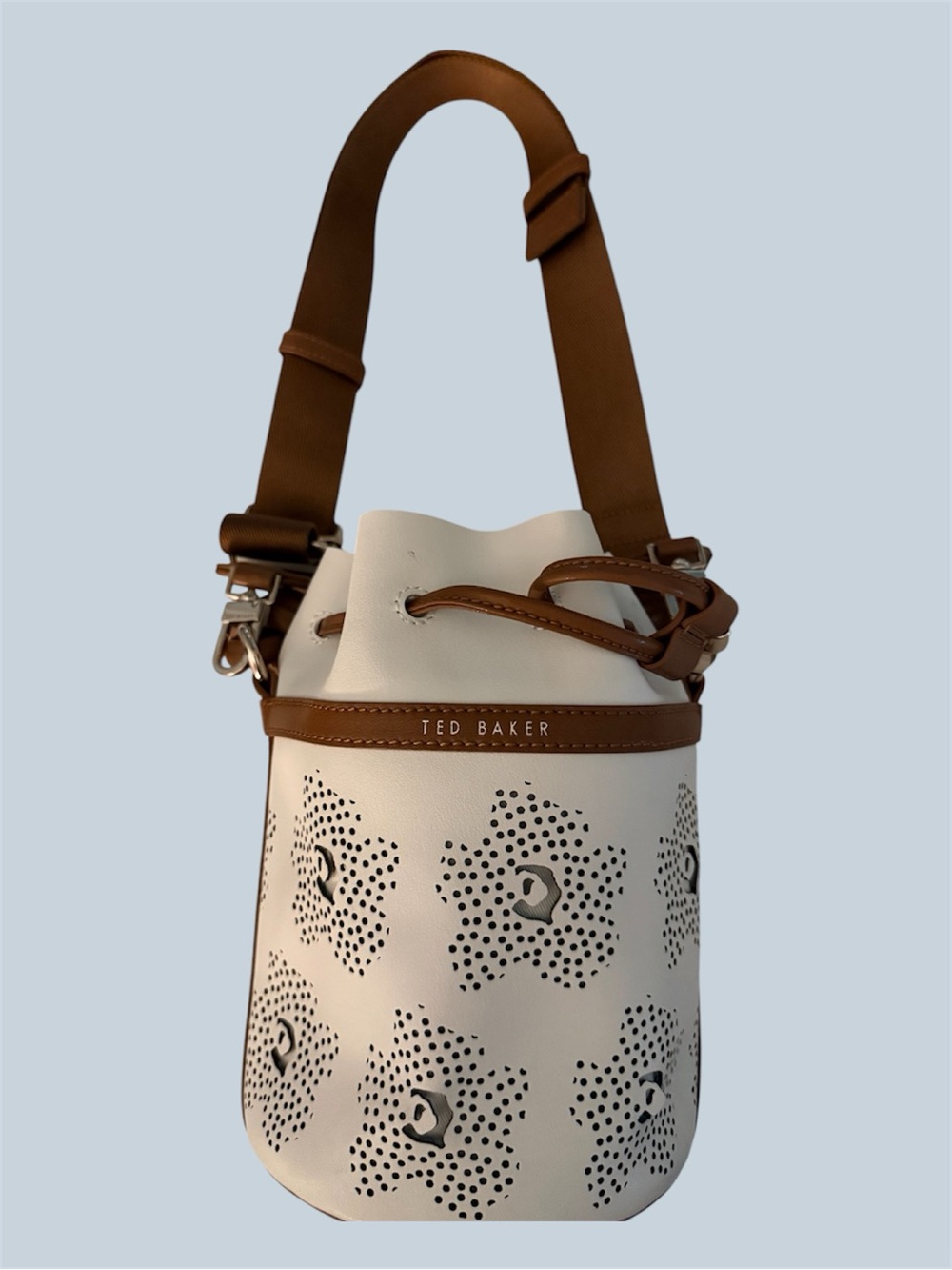 Ted Baker Cream & Tan Laser Cut Leather Floral Drawstring Mini Bucket Bag NWT - Picture 2 of 7